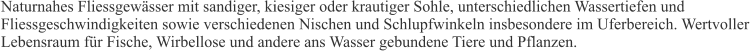 Naturnahes Fliessgewässer mit sandiger, kiesiger oder krautiger Sohle, unterschiedlichen Wassertiefen und Fliessgeschwindigkeiten sowie verschiedenen Nischen und Schlupfwinkeln insbesondere im Uferbereich. Wertvoller Lebensraum für Fische, Wirbellose und andere ans Wasser gebundene Tiere und Pflanzen.