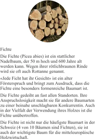 Fichte Die Fichte (Picea abies) ist ein stattlicher Nadelbaum, der 50 m hoch und 600 Jahre alt werden kann. Wegen ihrer rötlichbraunen Rinde wird sie oft auch Rottanne genannt. «Jede Ficht hat ihr Gesicht» ist ein alter Försterspruch und bringt zum Ausdruck, dass die Fichte eine besonders formenreiche Baumart ist. Die Fichte gedeiht an fast allen Standorten. Ihre Anspruchslosigkeit macht sie für andere Baumarten zu einer beinahe unschlagbaren Konkurrentin. Auch in der Vielfalt der Verwendung ihres Holzes ist die Fichte unübertroffen. Die Fichte ist nicht nur die häufigste Baumart in der Schweiz (4 von 10 Bäumen sind Fichten), sie ist auch der wichtigste Baum für die mitteleuropäische Holzwirtschaft.